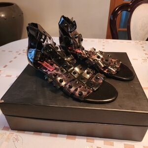 Betsey Johnson Agean Clear Black Studded Strappy Gladiator Sandals Sz 9.5 Women